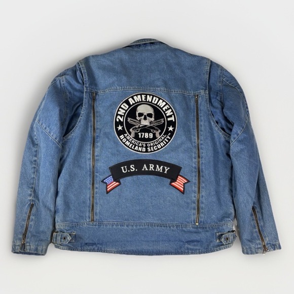 Mens‎ Denim Biker Motorcycle Jacket U.S. Army 2nd Amendment Homeland Security
